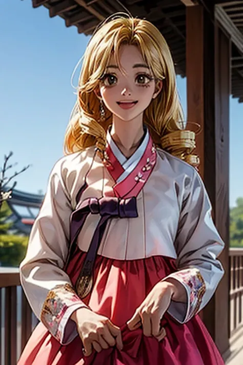 exceptional, best aesthetic, new, newest, best quality, masterpiece, extremely detailed), Korean traditional clothing, hanbok, masterpiece,  1girl , Alone, mitsuki_full moon, open_mouth, smile, looking_at_viewer,hair_good, drill_hair, wedding hall, sky, ch...