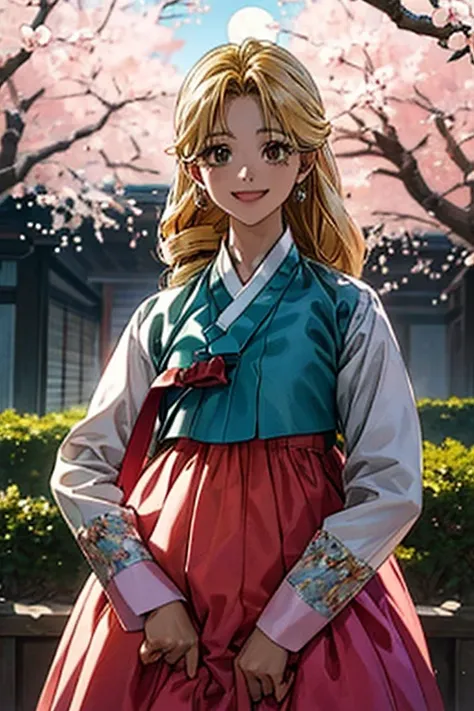 exceptional, best aesthetic, new, newest, best quality, masterpiece, extremely detailed), Korean traditional clothing, hanbok, masterpiece,  1girl , Alone, mitsuki_full moon, open_mouth, smile, looking_at_viewer,hair_good, drill_hair, wedding hall, sky, ch...