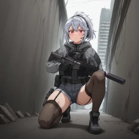 A tactical anime-style adult female soldier wearing tactical gear with a fleshy, glamorous figure。 with short silver hair tied in a ponytail with a navy hair band 、 has red eyes 。 serious expression。equipped with black tactical armor over a gray hooded jac...