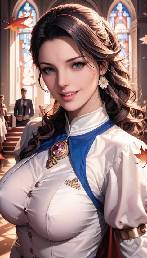 A beautiful mature woman is wearing a priestess costume, long flowing black hair decorated with flower crowns, DYNAMIC UPPER BODY POSE, ( detailed face and eyes :1.5), medium bust above infecti,  happy expression in a high room, Old-fashioned illustration,...