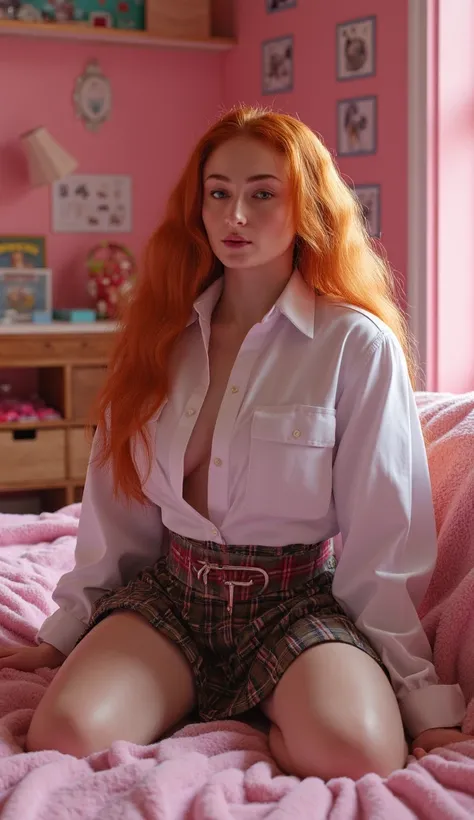 Dynamic lighting, motion lines, life like, unreal detail, hd, ray tracing, detailed skin, background detail, random background items, in her girly pink bedroom, day, 1girl Sophie Turner, seductive look ,  looking at the viewer,  She has long and elegant gi...