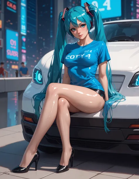 Hatsune Miku, in a cyberpunk city, black heels, (((shiny skin))), (((sexy slender legs))), (((blue tshirt))), (((breasts under tshirt))), (((Breasts coming out of the tshirt)))