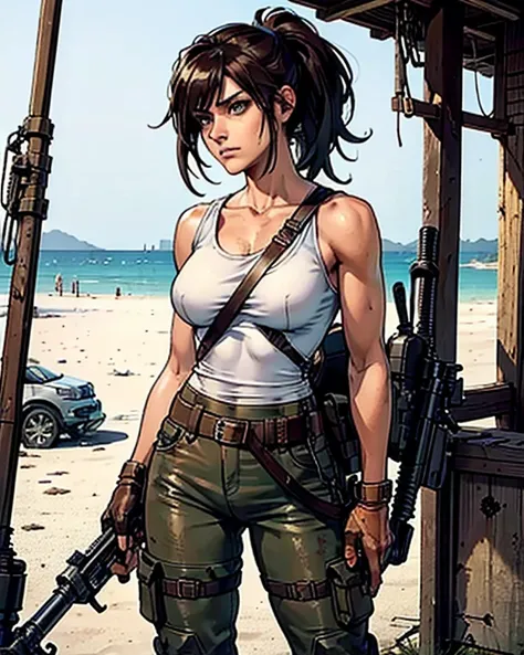 a military woman, well trained body, white sleeveless t-shirt, Exposed collarbone, beige leather shelter, blue pants, two leather belts with gun pockets, dark brown hair, carving, Brown eyes, hazel left eye, left eye with a scar, beach shore, at daytime, g...