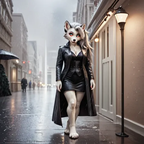 masterpiece, high quality, illustration, {beautiful detail girl}, beautiful glow in the details, beauty in dressing up, (Black jacket and trench coat), white eyes with red sclera, rainy street corner, rain, detailed lighting, detailed water, (beautiful det...