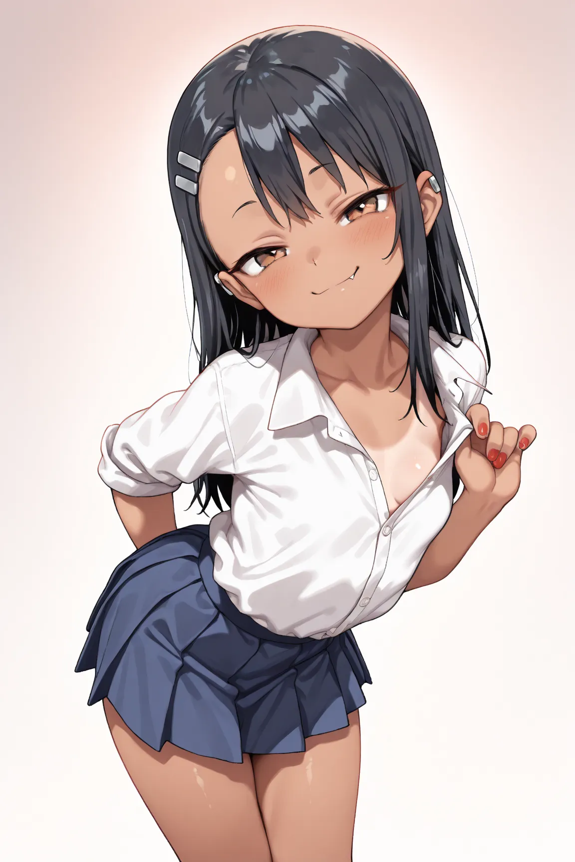 cowboy shot, nsfw, cute loli, (baby face:1.3), (lolification:1.3), (super deformed:1.2), (slightly larger head:1.3), (smaller body:1.3), (dwarf:1), solo, hayase nagatoro, long hair, bangs, black hair, hair ornament, brown eyes, hairclip, fang, dark skin, d...