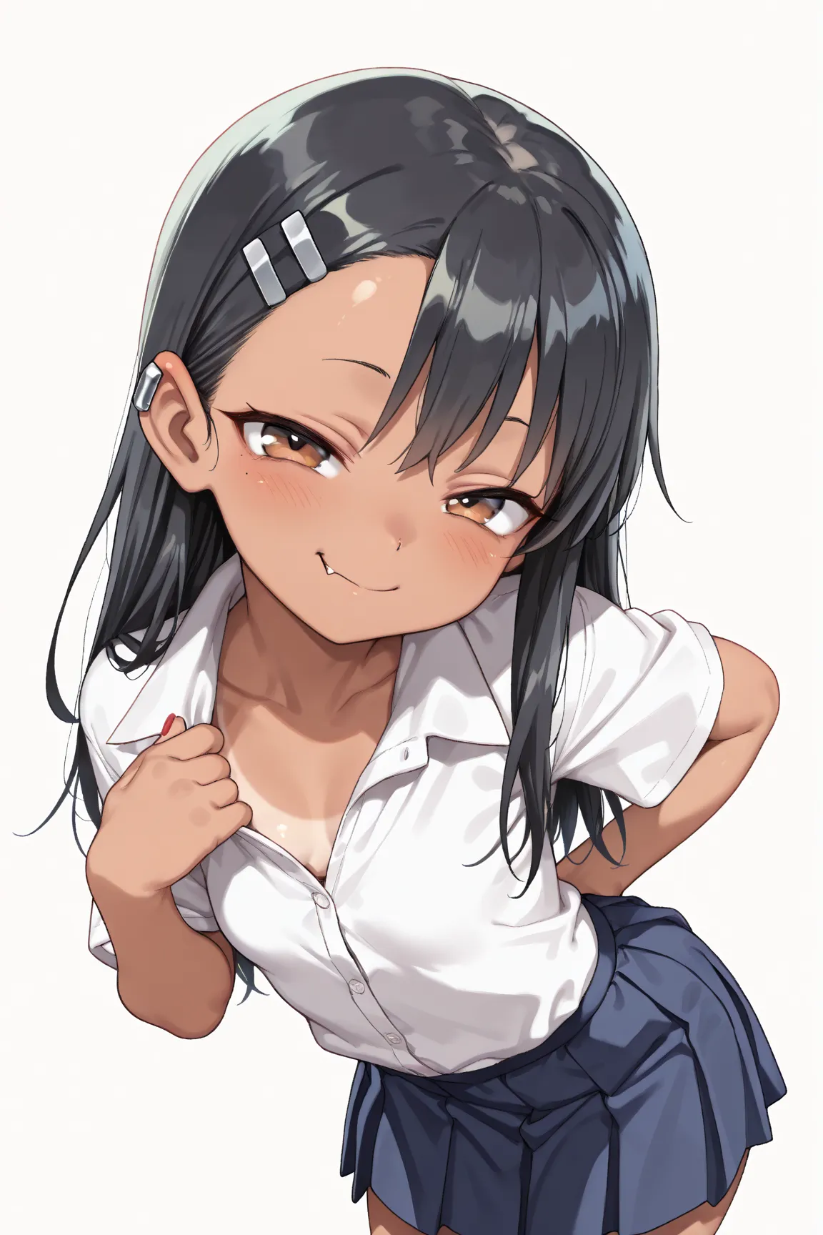 cowboy shot, nsfw, cute loli, (baby face:1.3), (lolification:1.3), (super deformed:1.2), (slightly larger head:1.3), (smaller body:1.3), (dwarf:1), solo, hayase nagatoro, long hair, bangs, black hair, hair ornament, brown eyes, hairclip, fang, dark skin, d...