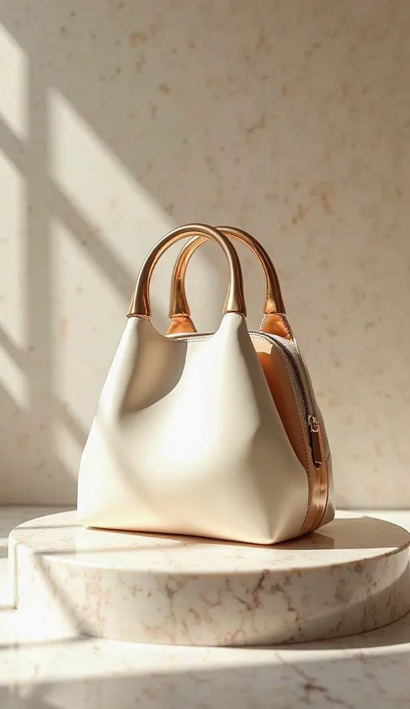 "A high-fashion editorial photoshoot of a luxury handbag that looks like it's from the future. The bag has a gravity-defying, fluid-like shape, as if it's gently floating in mid-air. The handles are seamlessly connected without visible stitching or hardwar...