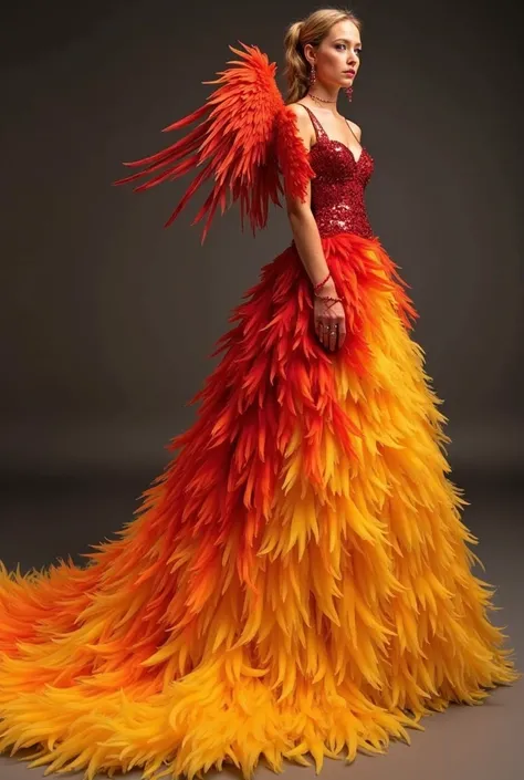  A bold and fiery gown inspired by the mythical phoenix. The dress transitions from deep red at the bodice to golden-orange and then to feathered fiery yellow at the hem. A dramatic feathered shoulder design gives the illusion of wings, with a flowing trai...