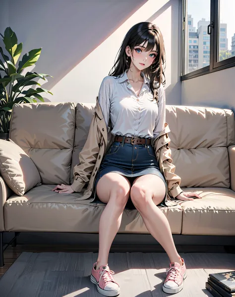 smiling fashion model, sitting posed on couch, at condominium, BREAK, {separated bang, dark hair, long straight hair}, BREAK, ((beige long sleeves blazer, show one shoulder), (white collared undershirt), (navy-blue denim pencil midi skirt, with brown belt)...