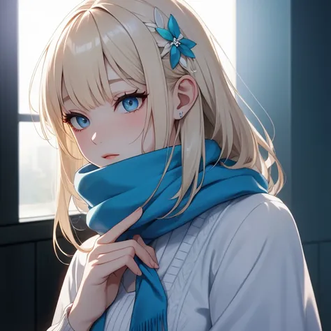 Women in their 20s,pale blond hair,Transparent white skin,Bangs are swept short,straggling hair,white blouse,Light blue cardigan,,Blue scarf,large eyes,long eyelashes,Drooping ears hair ornament,Hair half up