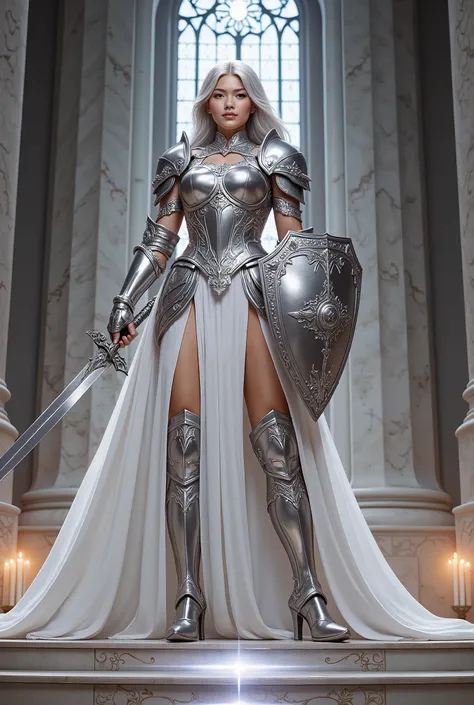 (anatomy, Realistic), atena, A Girl, With silver hair and eyes, is at the center of an imposing temple dedicated to the Goddess of Silver, where the soft light of the candles and the ethereal glow of silver illuminate your imposing figure. She wears silve...