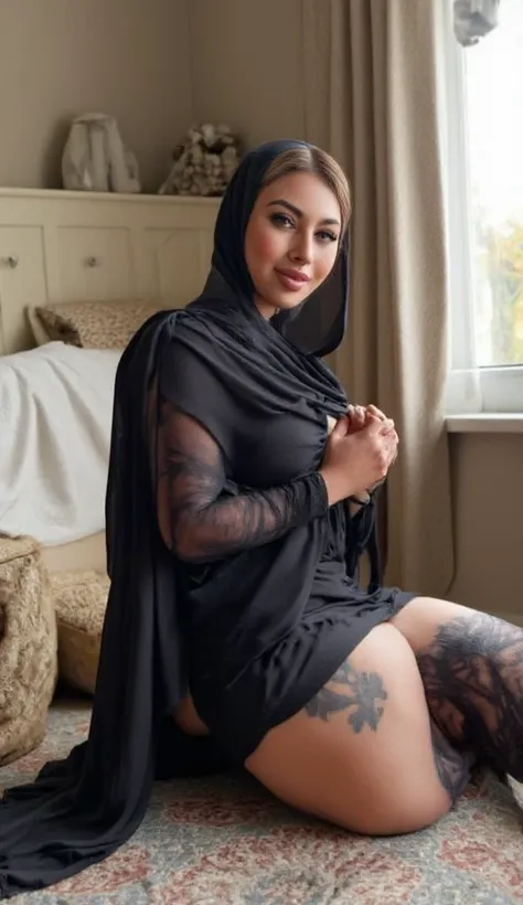 ,



women sitting on knees on floor for muslim prayer, both hands resting on thighs,in a black painted beautiful kitchen,women have huge bulging ass, happy face,looking the viewer,realistic photo,full body image,wide angle shot in camera, realistic photo,...