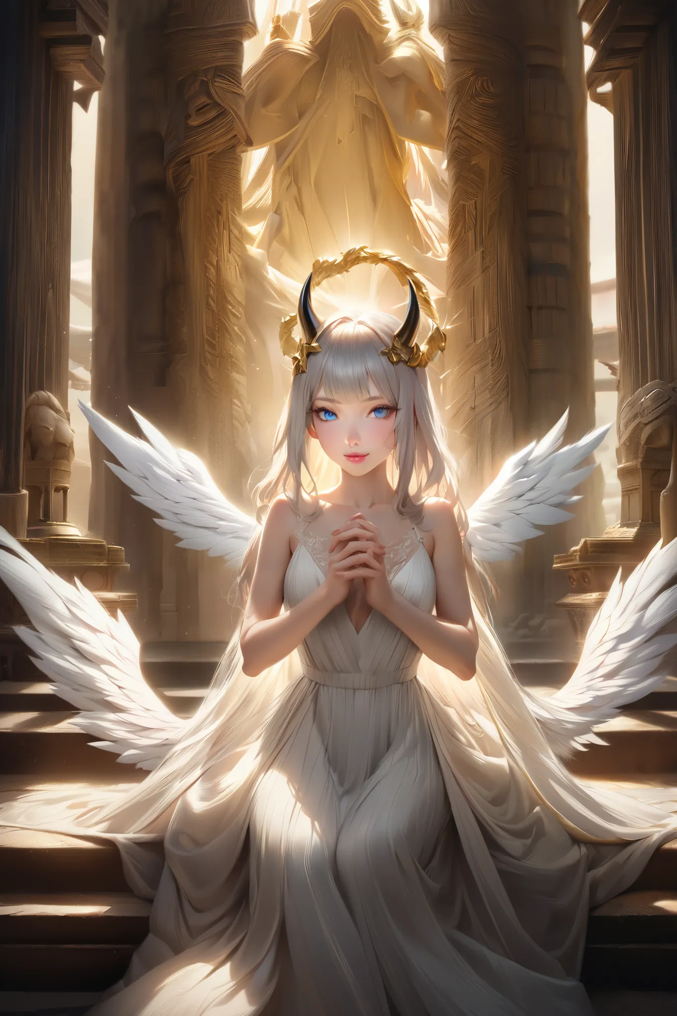 Inside a complicated temple where light shines in、4 black horns、Long silver hair and blue eyes、Woman with pink lips。 Angel's White Wings、2 vs 4 wings。white evening dress and gold high heels。 gold hair ornament 。squint and smile lovingly。 best quality of we...