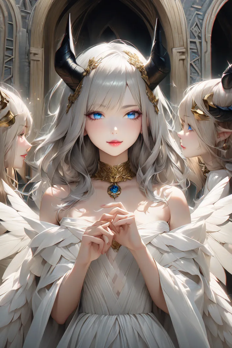 Inside a complicated temple where light shines in、 bust up、4 black horns、Long silver hair and blue eyes、Woman with pink lips。 Angel's White Wings、。 white evening dress with collar。 gold hair ornament 。squint and smile lovingly。 best quality of wells。 reali...