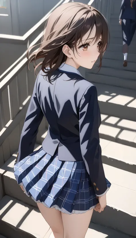 Closeup of a person in uniform on a set of stairs ((TOP QUALITY)), (( masterpiece)), (high resolution), 8k,  Best Shadow,  best natural light ,  cinematic , Woman climbing stairs、20 years old, (brown hair on both arms)、look back, shy、 blazer、 navy check sk...