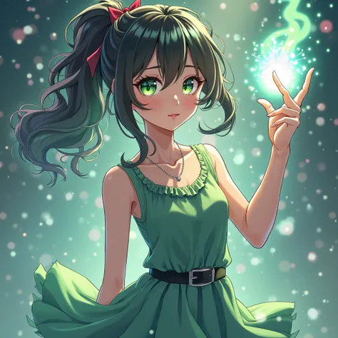 Young anime woman with powers,  visual effects ,  full body, green eyes,  multicolored eyes ,  sleeveless dress, amazing quality,  ultra detailed, best anatomy, HDR-10, 8K, high-detail RAW color art, HIGH CONTRAST,
Masterpiece, the best quality,  newest , ...