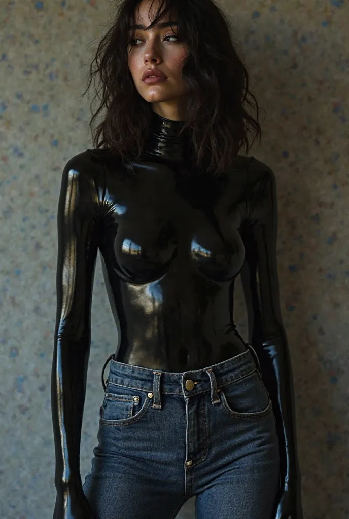 a beautiful  girl wearing a full enclosed latex catsuit under some pair of jeans