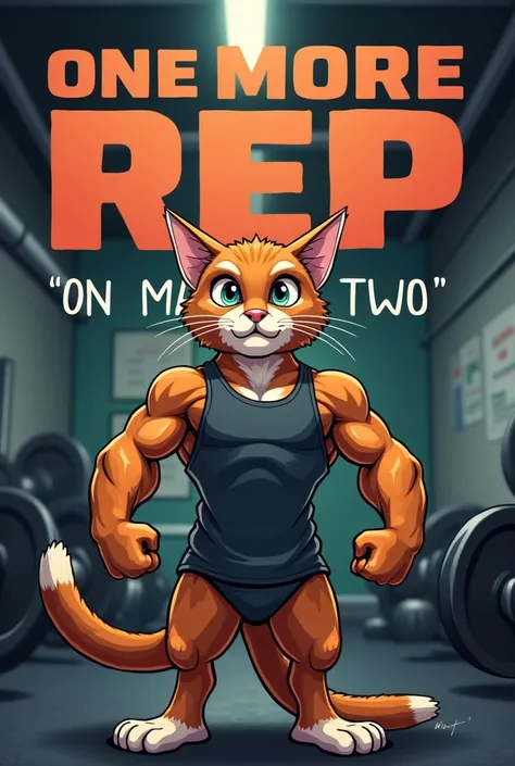 A muscular cat standing confidently in a gym, wearing a workout tank top. The background features bold gym-themed text that says: 'One More Rep, or Maybe Two' in large, motivational font. The gym environment includes dumbbells, barbells, and workout equipm...