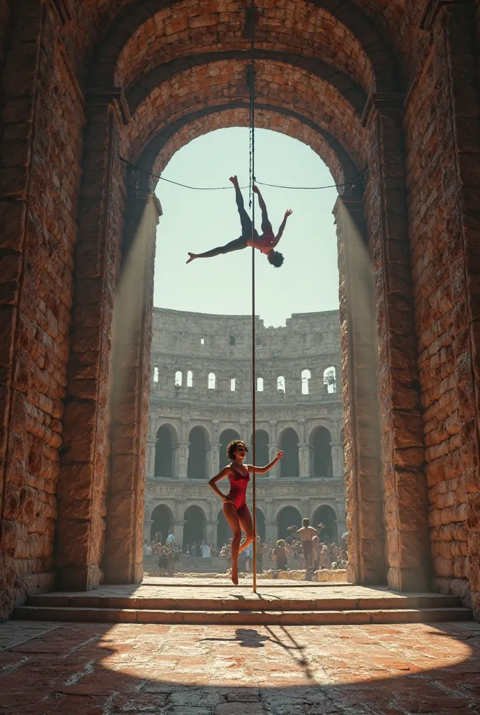 Fait moi une image du Colisée de Rome avec une barre de pole danse dedans 