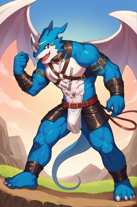 score_9_up,score_8_up,score_7_up, source_anime, 
male, muscular, exveemon, solo, blue body, full body, red eyes, wings, gasp, panting, smile, conceited, arrogant, dominant, tail, sky, outside, simple Background, Fundoshi, Fundoshi tight, male buige, armor,...