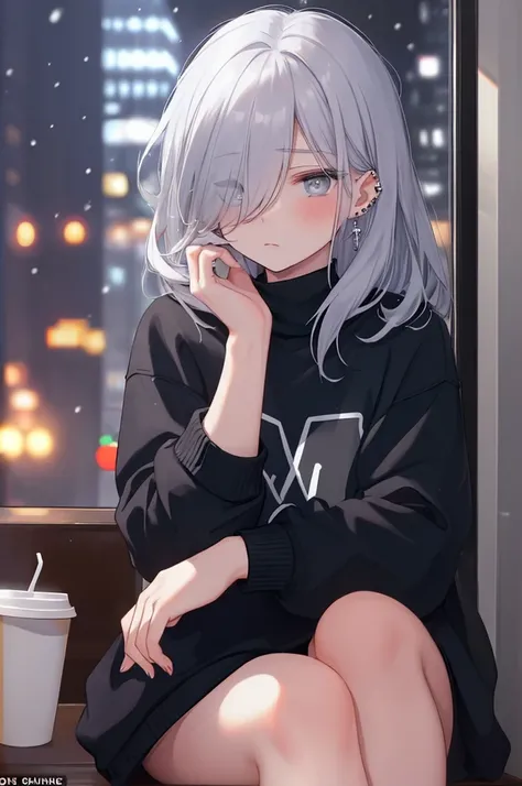 ((masterpiece:1.4, best quality:1.2)), 1girl, solo focus, beautiful skin, blush, black sweatshirt, long white hair, grey eyes, sitting, earrings, Hands on face, piercing, coffee shop window, night, snowing, cityscape, beautiful and delicate female, comfy a...