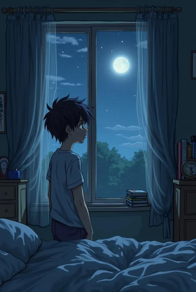 A sad man looking out his bedroom window at night in anime style 