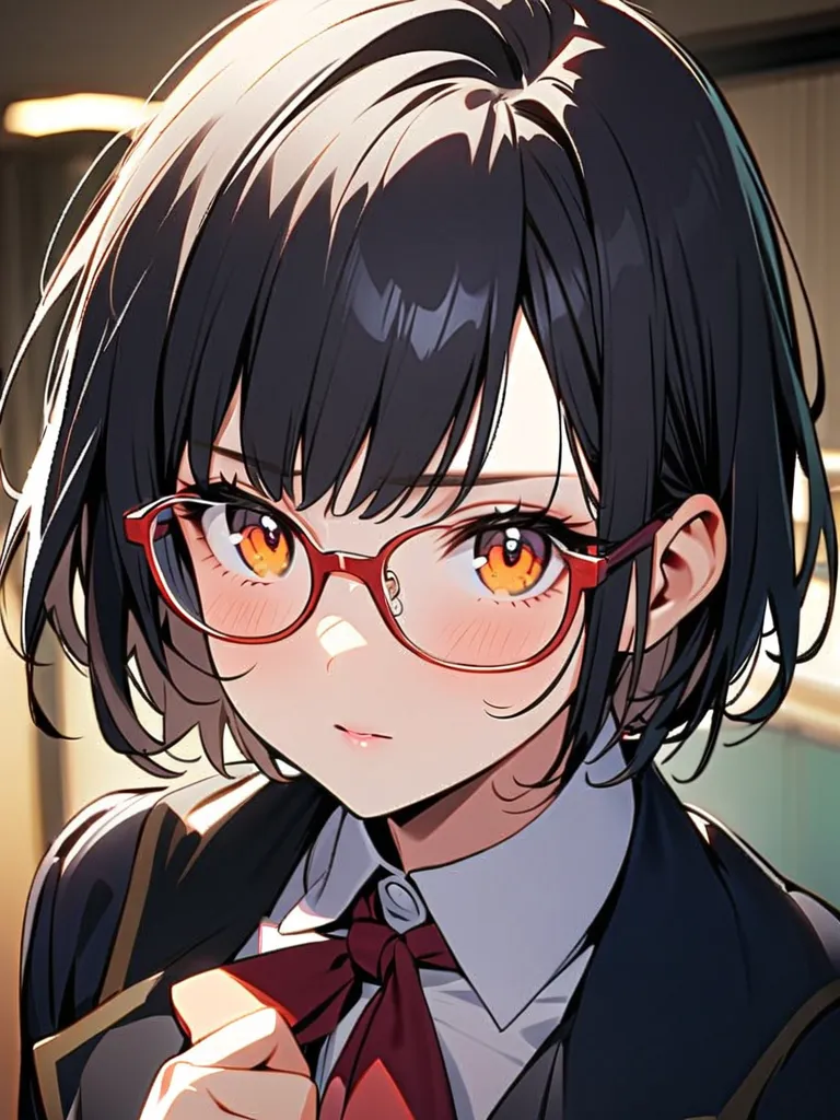 1 woman dressed in an international academy school uniform, short hair, black hair, orange eyes, glasses, beautiful face