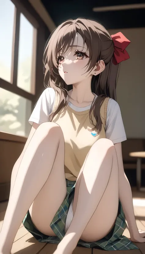  Anime Girl Sitting On The Floor With Her Legs Crossed (((Alone))),(((1 girl))),   beautiful,  's art ,  highly detailed skin ,  masterpiece, TOP QUALITY,  Highly Detailed Face ,  bright colors, bitches line up in front of the motel, cinematic lighting,( m...