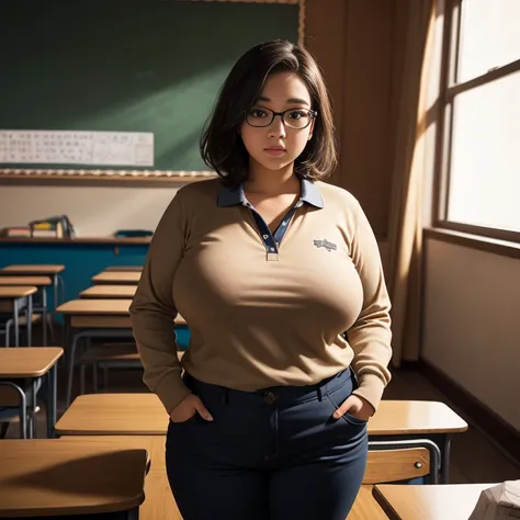 Dark photo style, jacky a short cute chubby Mexican emo nerdy teen, short slightly wild hair, cute detailed brown eyes, cutely detailed lips, cute highly detailed face, huge voluptuous sagging breasts, thin thighs, thin hips, wearing long-sleeved school po...