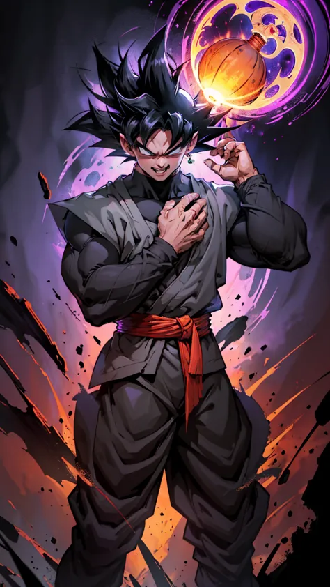 TOP QUALITY,8k,goku BLACK, Goku Black , Dragon Ball,absurd, Malicious Laugh ,Crazy Eyes,night,whole body,Ultra fine, mandala art,dynamic,Destruction,Fear,Psycho,Creepy,Fluctuation,background purple and black, single ear piercing, real , Kamehameha,