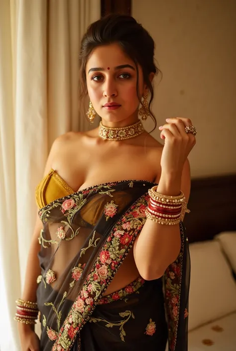 Indian beautiful woman sexy bhabhi, Hands  up sexy pose,showing dark armpits,strapless Sleeveless blouse,very deep cleavage,curvy model wearing  transparent embroidery black satin embroidery floral color saree ,strapless sleeveless yellow blouse, plenty of...