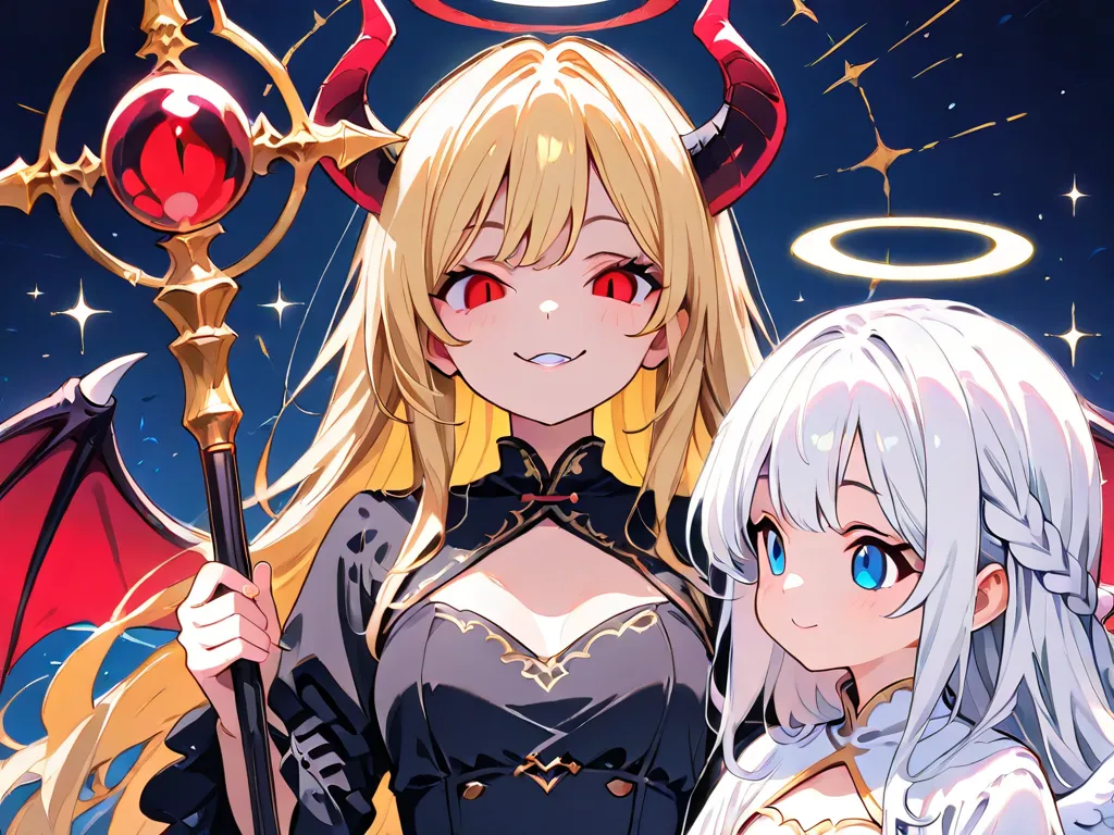 2girls, multiple girls, upper body, holding staff, elemental manipulation, sparkle background, 1girl, blonde hair, long braid, red eyes, demon wings, demon horns, evil smile, black dress, 1girl, white hair, long braid, blue eyes, angel wings, halo, smile, ...