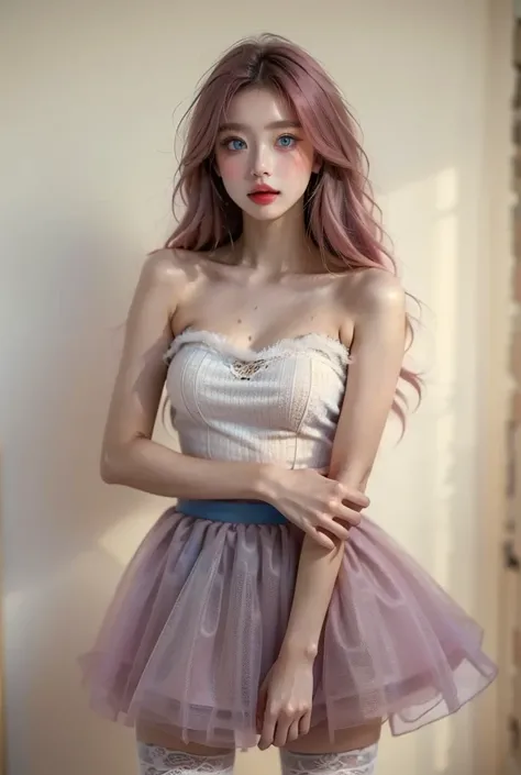 masterpiece 、 high quality, Small breast size, pink hair、 ,  blue eyes、 hand in the den forward、The skirt is fluffy 、 mini dress 、tights, white wall background,