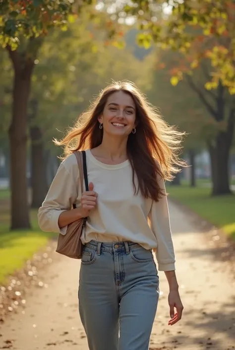 Prompt para IA ( TikTok video ):

"Generate a vertical video of 10 to 15 seconds showing a young and smiling woman walking in a sunny park in the morning.  She wears casual and comfortable clothes , with hair in the wind and an animated expression.  While ...