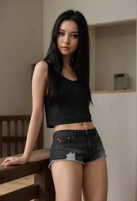 masterpiece, best quality, 1girl, , upshorts, pussy peek, long black hair, pussy hair 