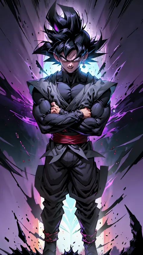 TOP QUALITY,8k,goku BLACK, Goku Black ,absurd, and my arms are crossed, Malicious Laugh ,Crazy Eyes,night,whole body,Ultra fine, mandala art,dynamic,Destruction,Fear,Psycho,Creepy,Fluctuation,background purple and black, single ear piercing, real , Kameham...