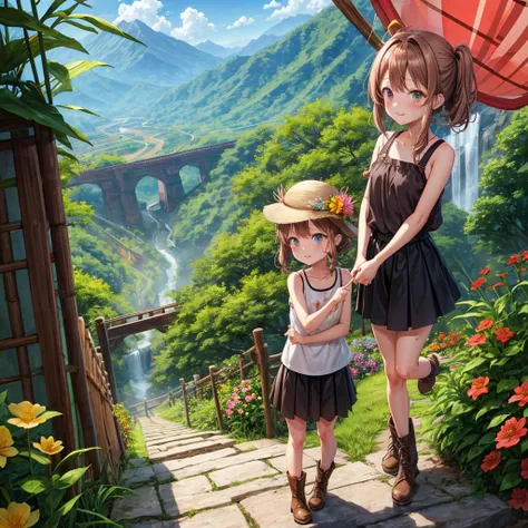 pink brown brown gold hair、 eye、  Has hair tied  、Two cute people、 Check Mini Skirt、  black t-shirt、 Light clothing、 tank top、 camisole、high socks、 Boots、 teeth inside、  The Road Is Crooked 、Mountain々、Stick together  、 bamboo forest、 chest pocket  、rock sa...