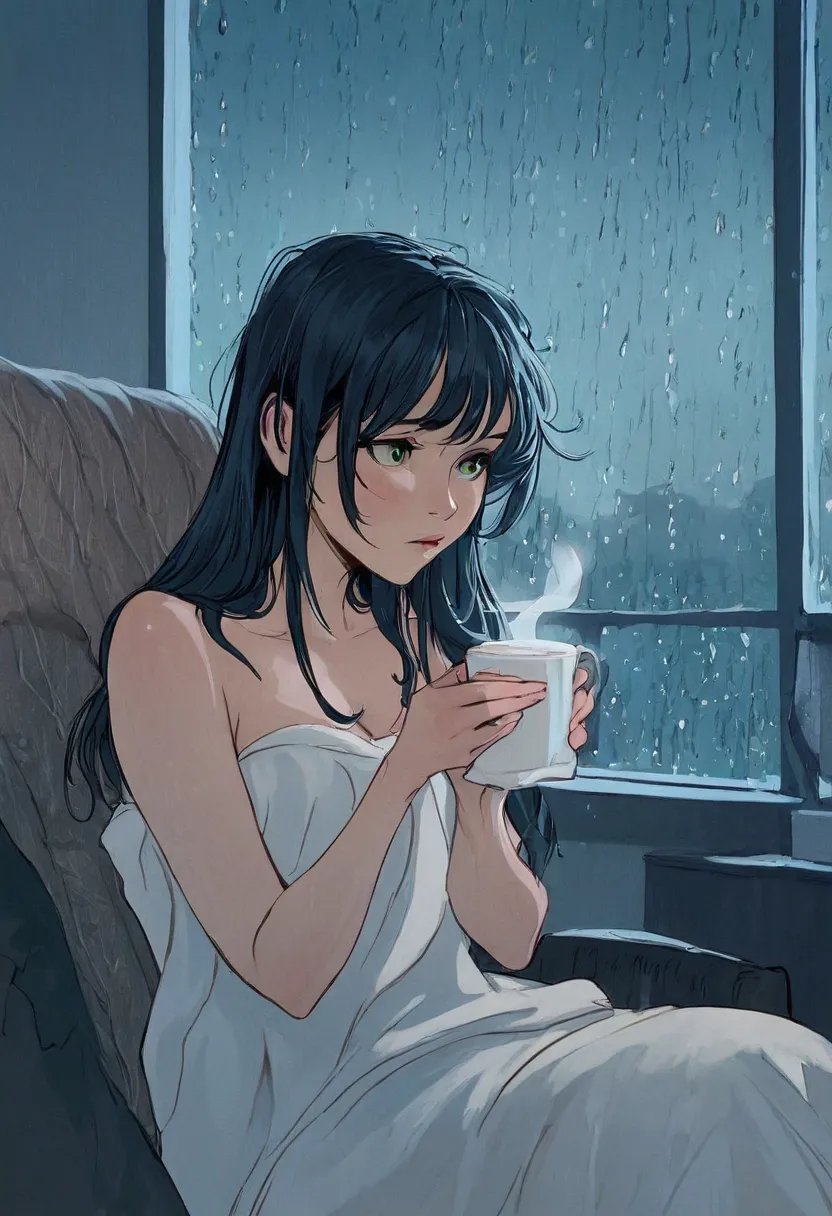 {{A ((realistic and intimate)) depiction of {a beautiful girl with long black hair and striking green eyes}}} with {a warm, serene expression as she sits in a plush armchair, wrapped in a soft blanket, sipping a cup of steaming hot chocolate}. This is a {(...