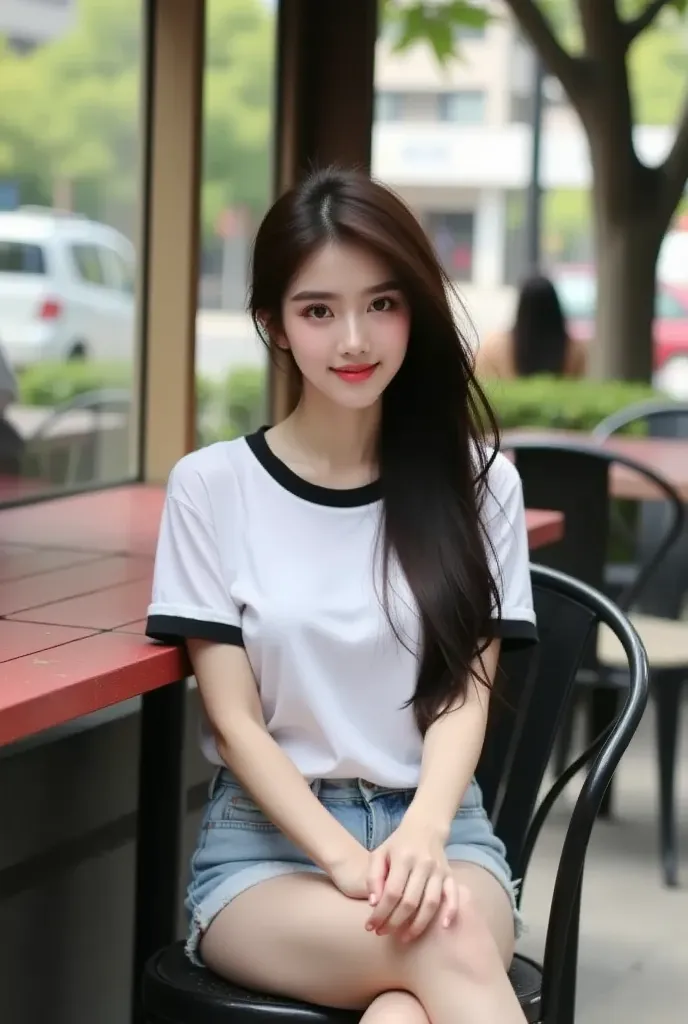 he image shows a young woman sitting on a black chair at an outdoor café. She is wearing a white t-shirt with black trim and light blue denim shorts. Her hair is long and dark, and she is smiling at the camera. Behind her, there is a red wooden table with ...