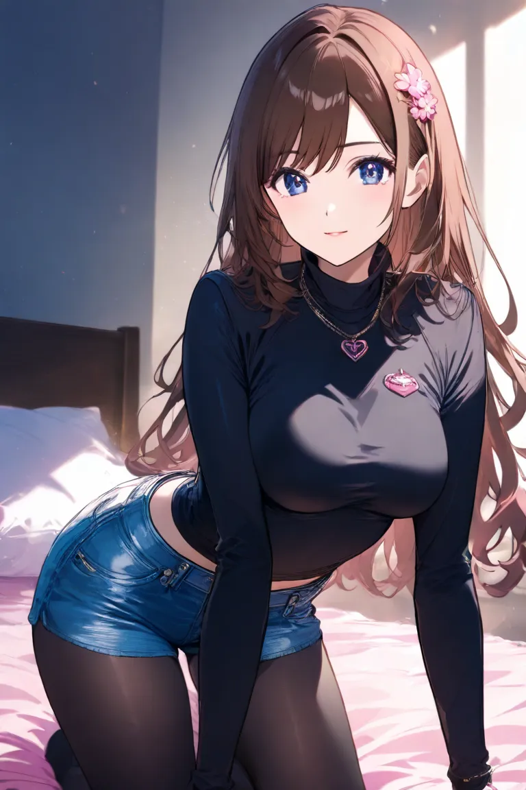 crawls on all fours in bed　 long brown hair　  pink flower hair ornament  　 medium boobs　  pink heart  　Denim Hot Pants　 black tights　lean back 猫耳