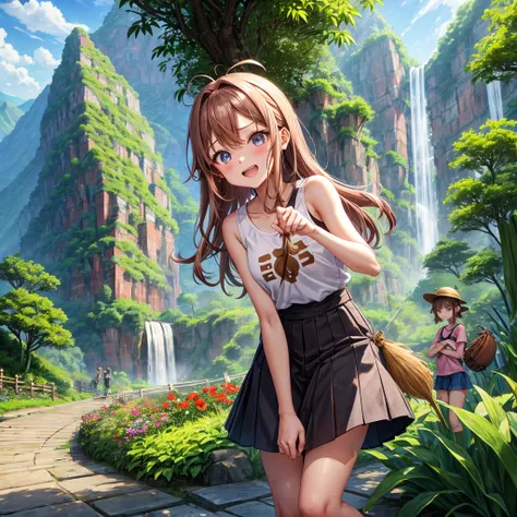 pink brown brown gold hair、 eye、  Has hair tied  、Two cute people、 Check Mini Skirt、  black t-shirt、 Light clothing、 tank top、 camisole、high socks、 Boots、 teeth inside、  The Road Is Crooked 、Mountain々、Stick together  、 bamboo forest、 chest pocket  、rock sa...