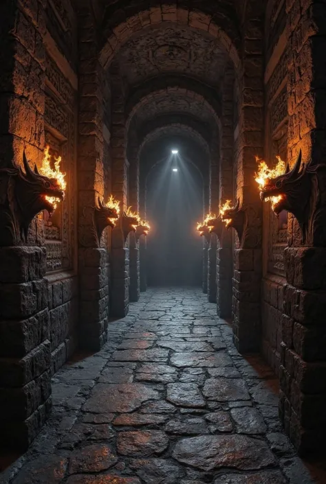 The corridor of the tower, , the walls and floor are black, stone. Along the corridor, there are statues of demons, flames emanate from their eye sockets, illuminating the corridor. Ancient symbols and bas-reliefs on the walls.