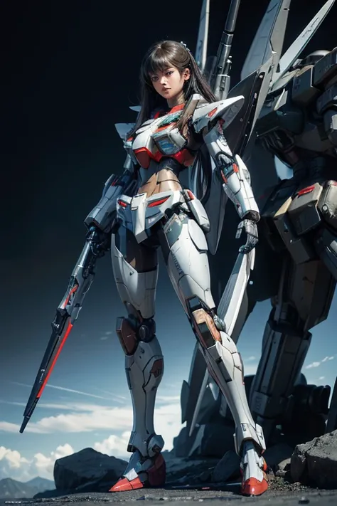 Textured skin, Super Detail, high details, High quality, Best Quality, hight resolution, 1080p, hard disk, Beautiful,(Gundam),beautiful cyborg woman,Mecha Cyborg Girl,Battle Mode,Girl with a Mecha Body,She wears a futuristic Gundam mecha,Fulll body Shot