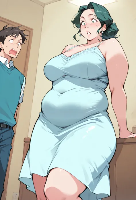 score_9, score_8_up, score_7_up, 1girl, cartoon, milf, hyper fat, dress, looking down, shocked. Tiny hips