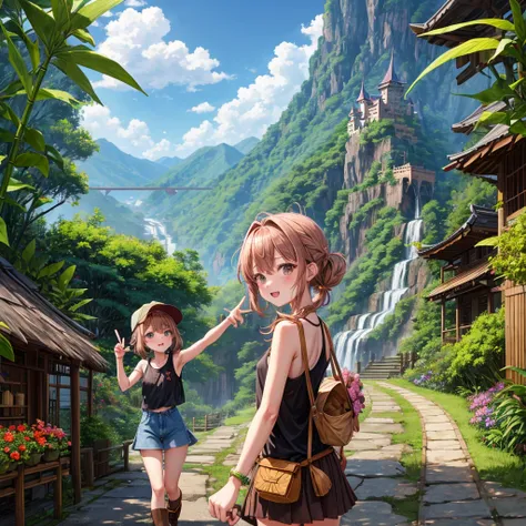 pink brown brown gold hair、 eye、  Has hair tied  、Two cute people、 Check Mini Skirt、  black t-shirt、 Light clothing、 tank top、 camisole、high socks、 Boots、 teeth inside、  The Road Is Crooked 、Mountain々、Stick together  、 bamboo forest、 chest pocket  、rock sa...