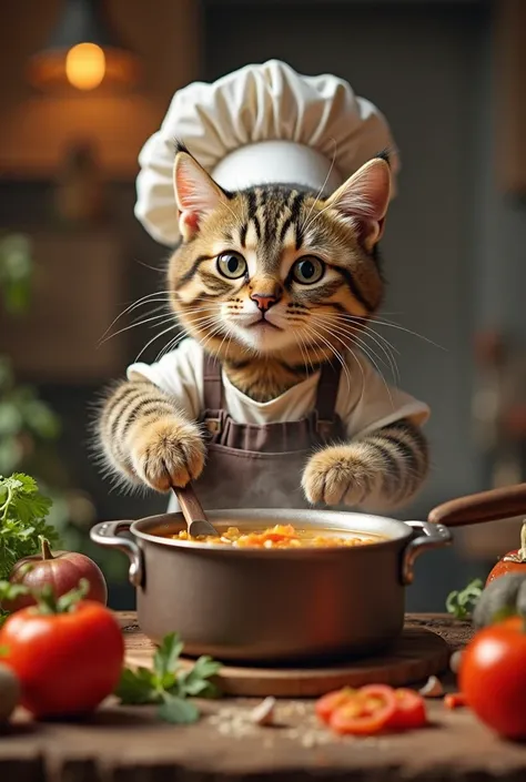 A cute and expressive cat , wearing a chef's hat and apron, cooking in a rustic kitchen. He's stirring a pot full of steaming soup, with ingredients scattered across the counter, like fresh vegetables and spices.  The environment has cozy lighting , and th...