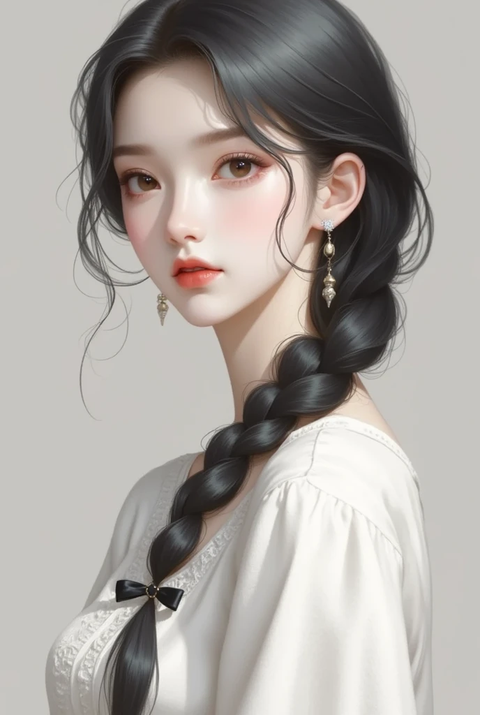 woman with long black hair wearing a white shirt and a black bow on it, 1girl, solo, realistic, braid, brown eyes