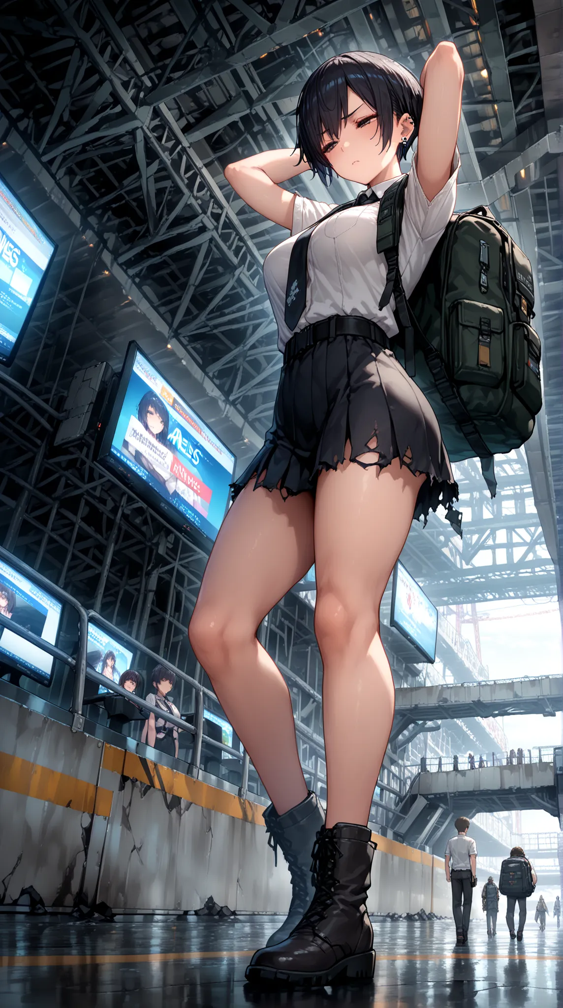 (8k,wallpaper of extremely detailed CG unit  ,(masterpiece, highest quality), very detailed, highest quality, official art, beautiful and aesthetic: 1.2), 1 woman, (A ruined world:1.3), curvy, black hair,medium breasts, pixie cut ,white short sleeve dress ...