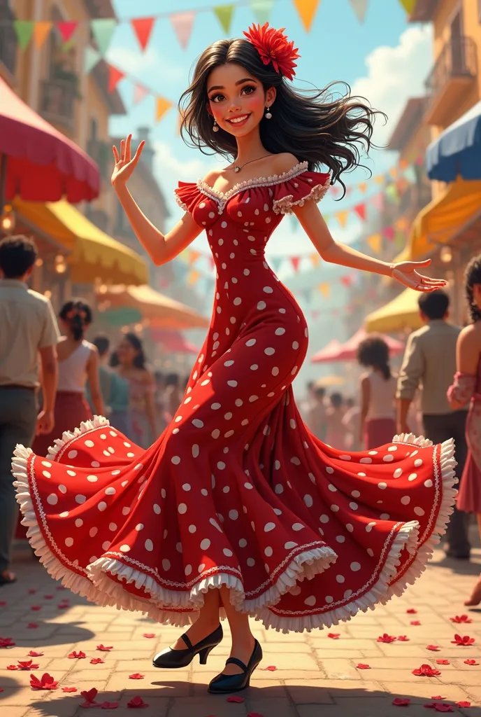 Girl dressed in a red flamenco dress with white polka dots, a red flower on her head and black shoes.
The girl is dancing and smiling at the fair
