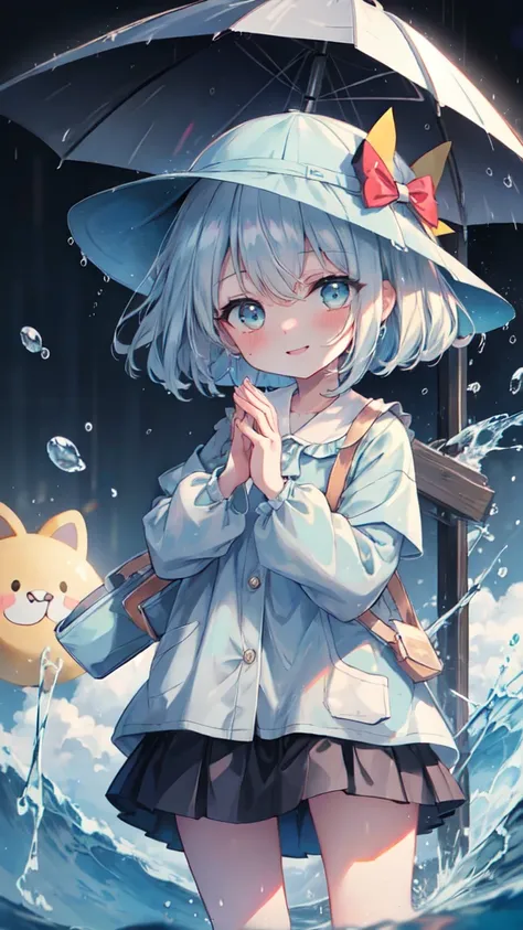 ５age, kindergarten mom clothes, blue smock,  dark blue skirt ,  cute, rain, 豪rain, soaked,  Energetic ,  best smile, wet smock,  wet skirt , 